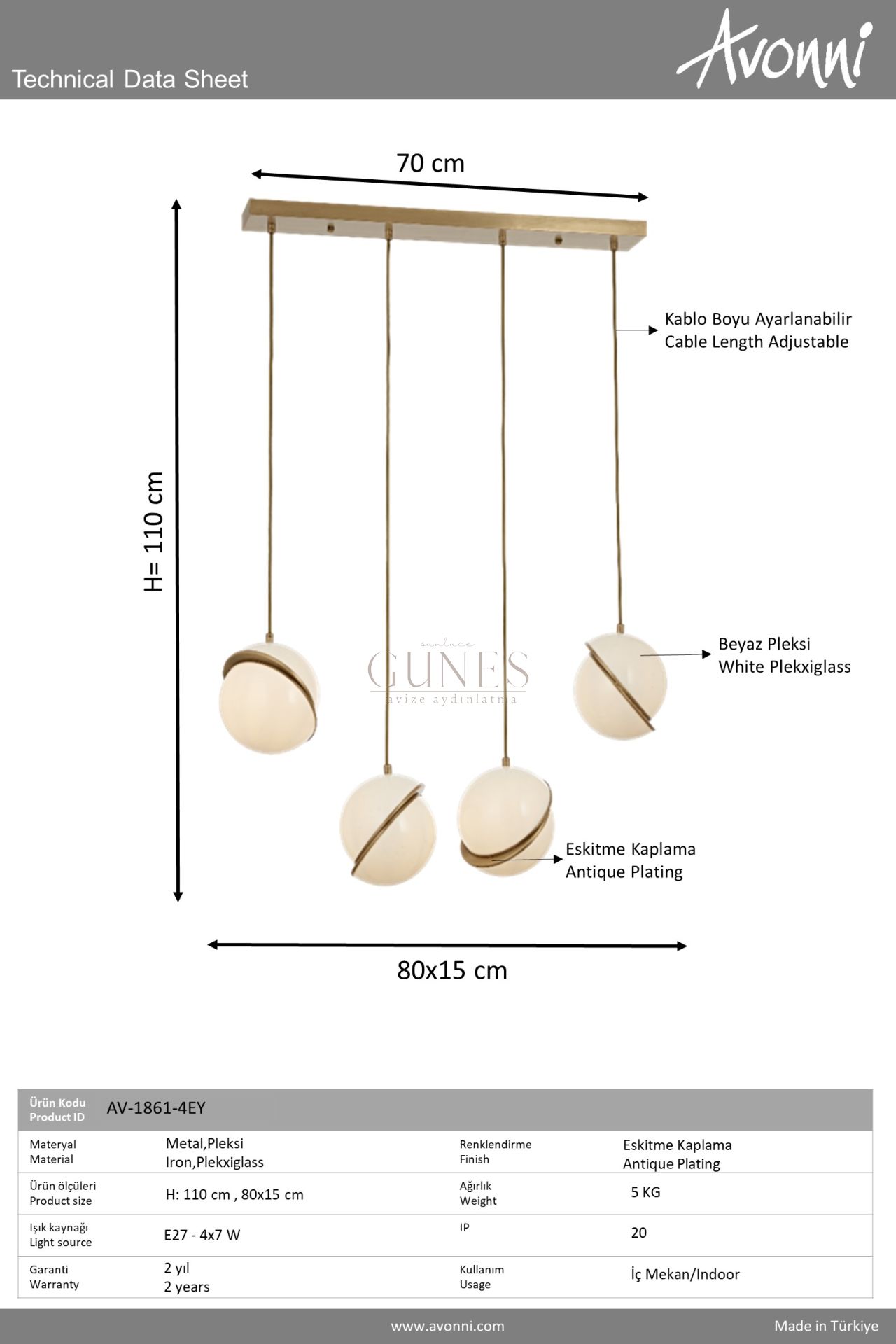 Beyaz/Eskitme Kaplama Modern Avize AVONNI AV-1861-4EY