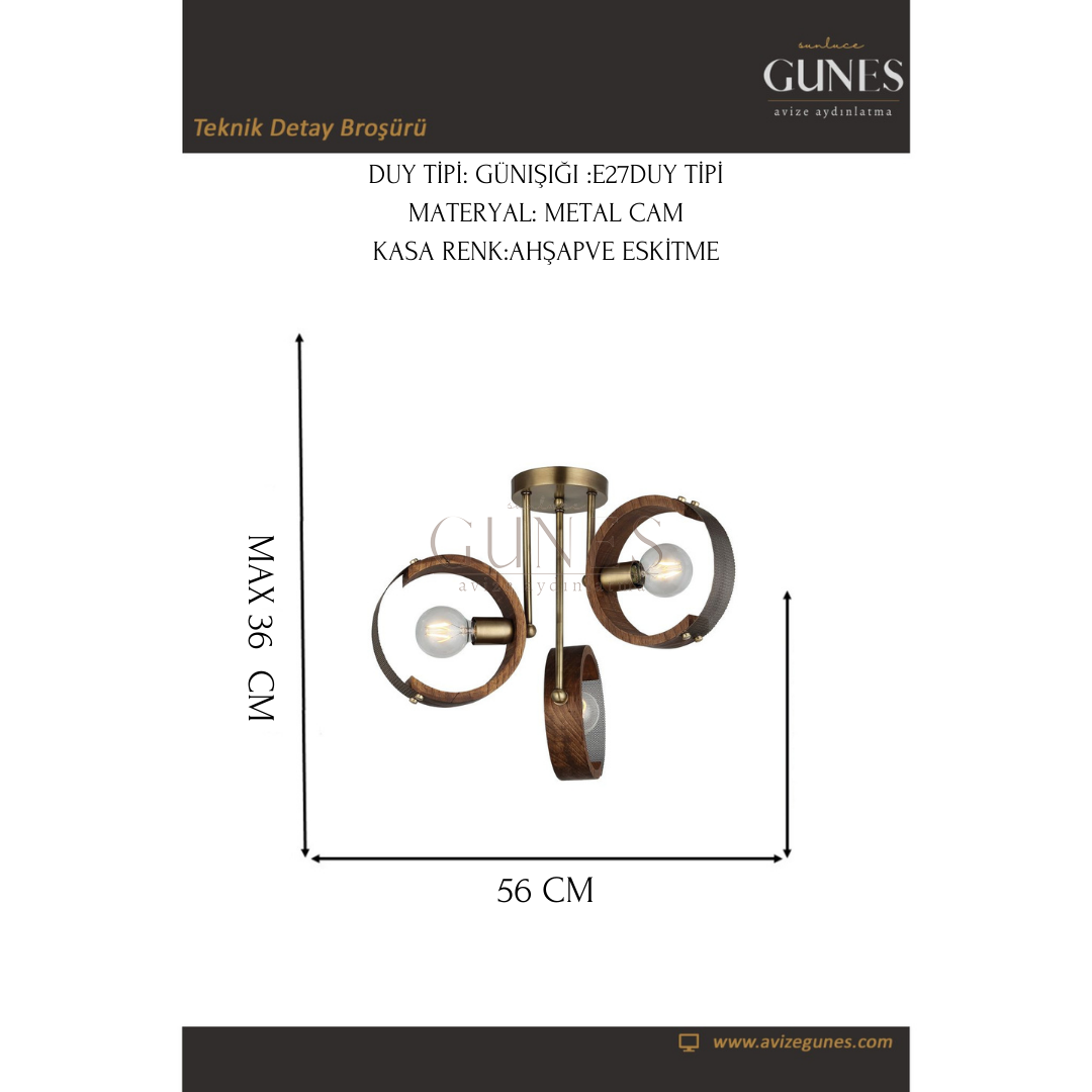 AYTAÇ LUCEA MANYA 3 LÜ AHŞAPLI ANTİK PLAFONYER 3XE27