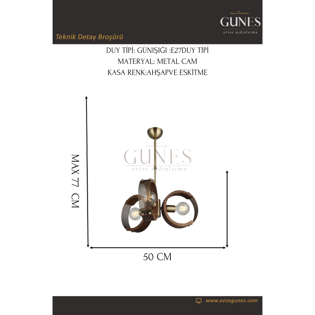 AYTAÇ LUCEA MANYA 3 LÜ AHŞAPLI ANTİK AVİZE 3XE27