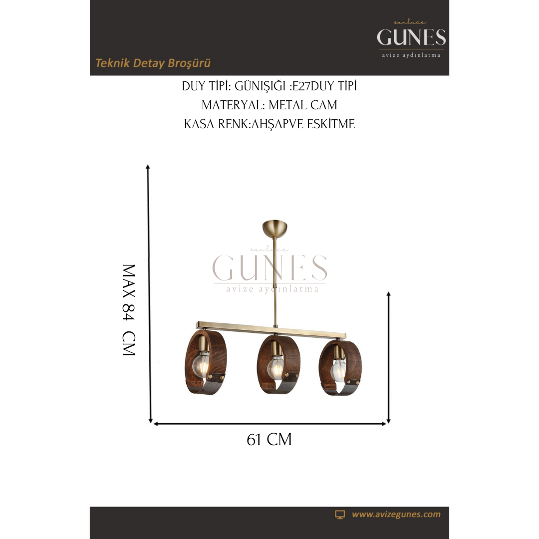 AYTAÇ LUCEA MANYA 3 LÜ SIRALI AHŞAPLI ANTİK AVİZE 3XE27