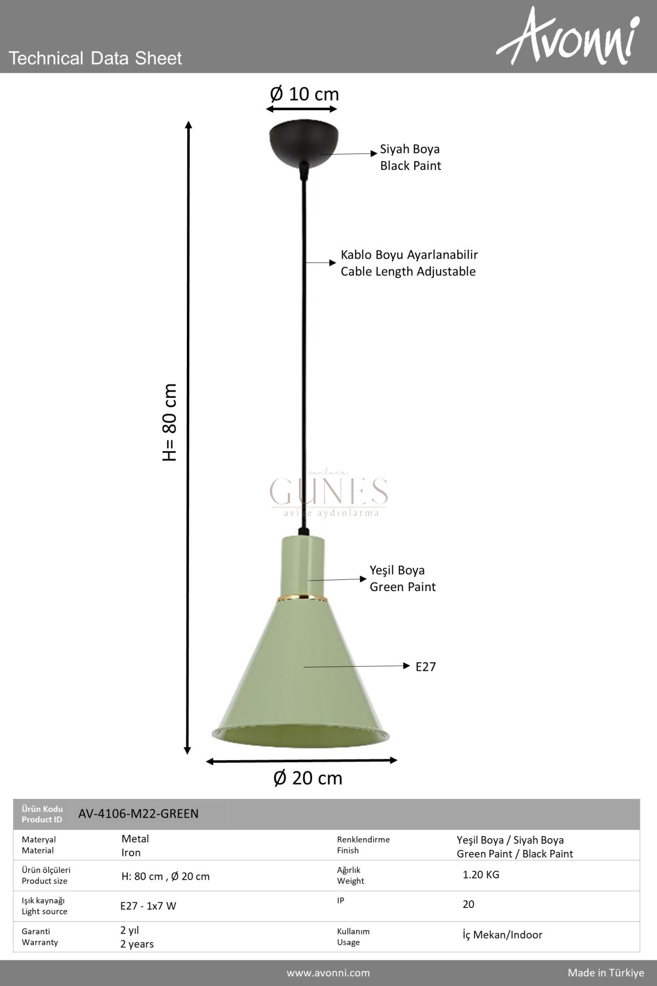 Yeşil Boyalı Modern Avize AVONNI AV-4106-M22-GREEN