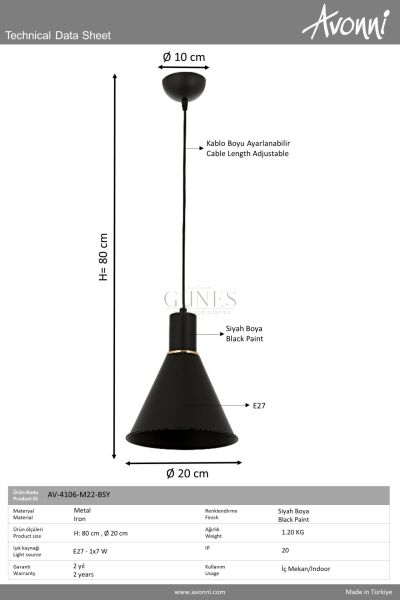 Siyah Boyalı Modern Avize AVONNI AV-4106-M22-BSY