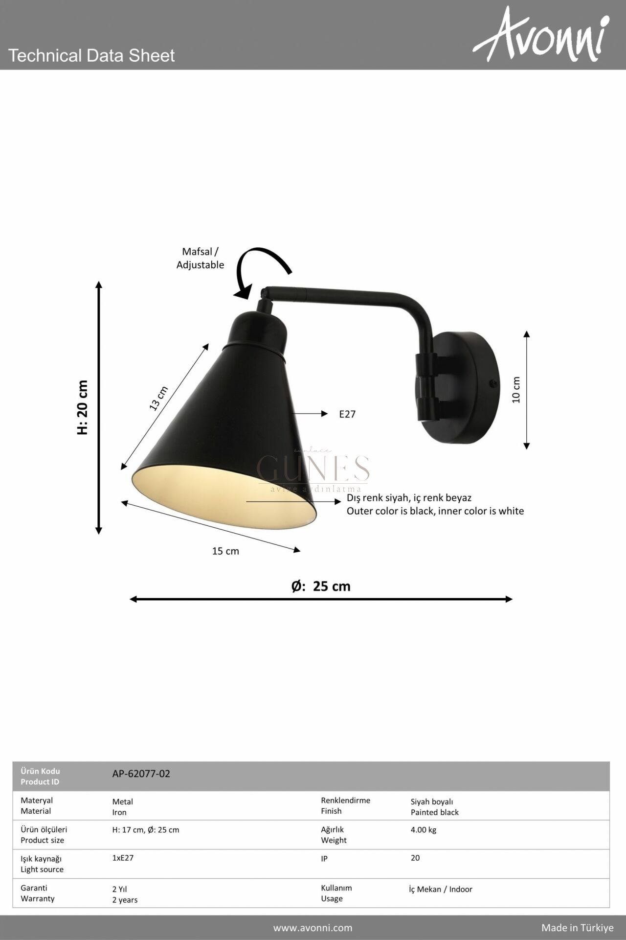 Siyah Boyalı Aplik AVONNİ-AP-62077-02