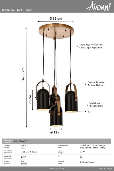 Siyah/Eskitme Boyalı/Kaplama Modern Avize AVONNI AV-1860-4ET