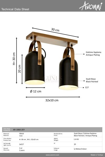 Siyah/Eskitme Boyalı/Kaplama Modern Avize AVONNI AR-1860-2EY