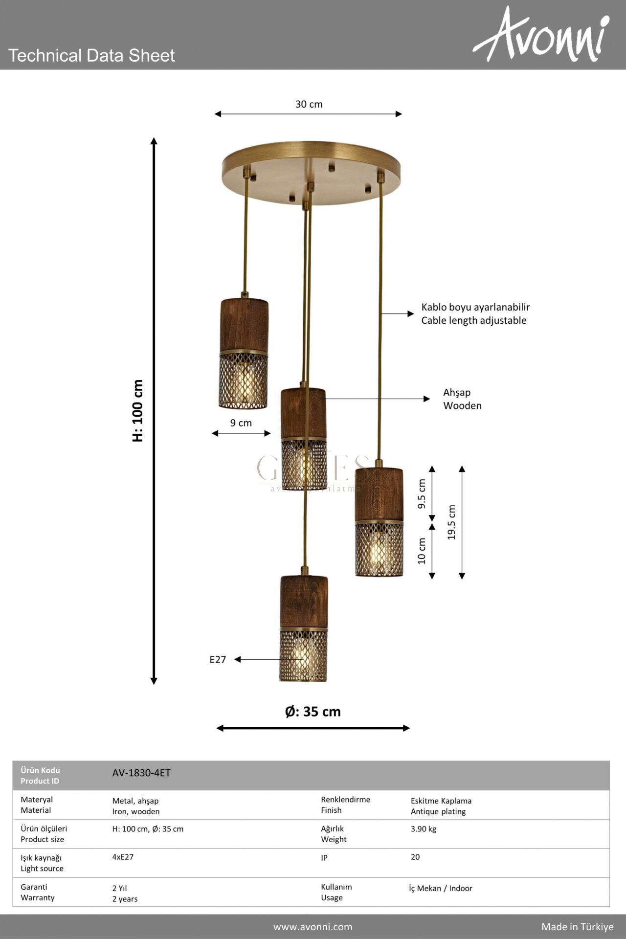 Eskitme Kaplama Modern Avize AVONNI AV-1830-4ET