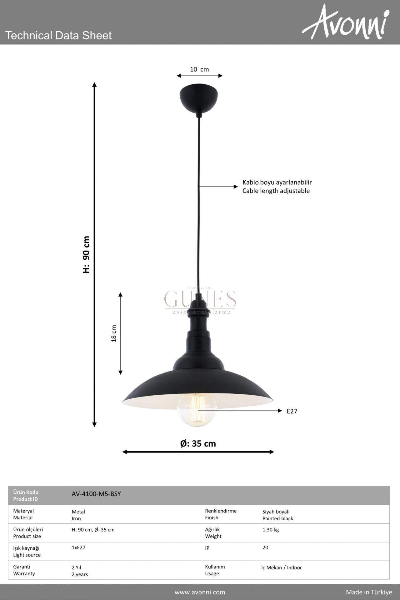 Siyah Boyalı Modern Avize AVONNİ-AV-4100-M5-BSY