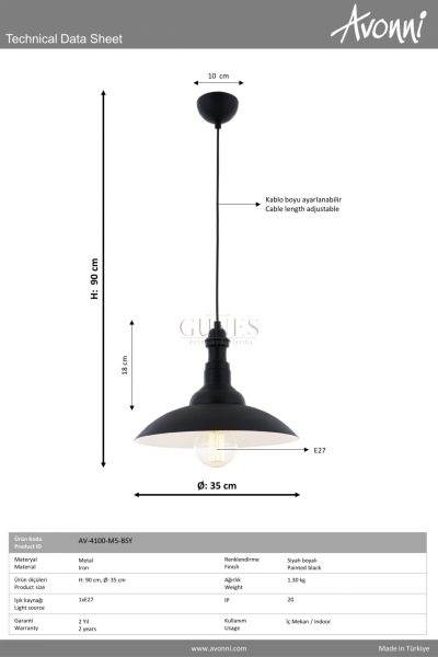 Siyah Boyalı Modern Avize AVONNİ-AV-4100-M5-BSY