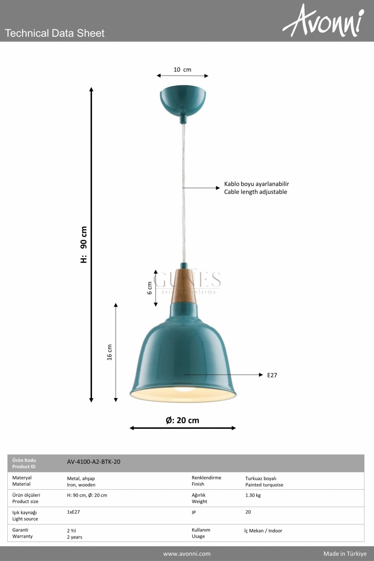 Turkuaz Boyalı Modern Avize AVONNİ-AV-4100-A2-BTK-20