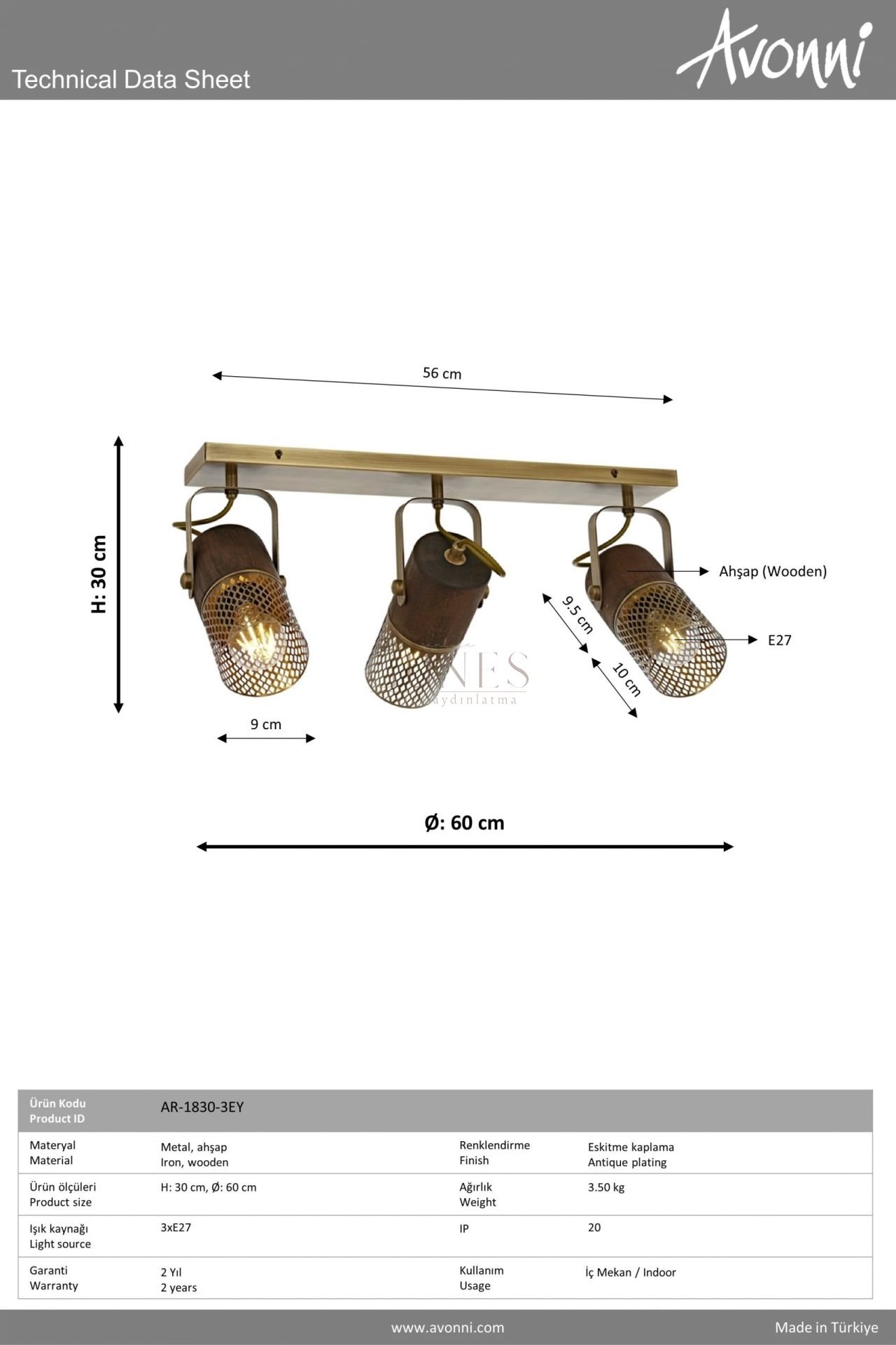 Eskitme Kaplama Modern Avize AVONNI AR-1830-3EY