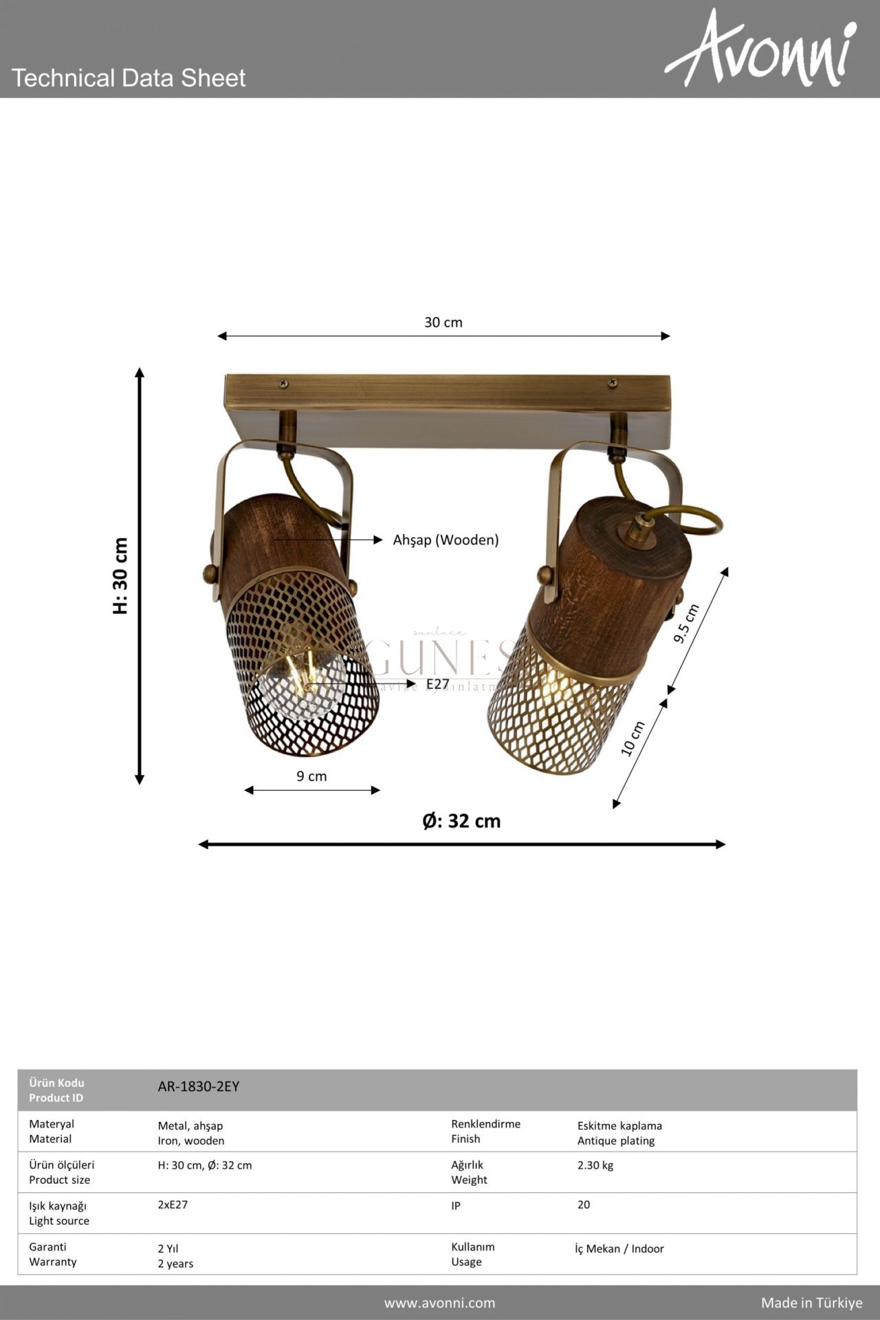 Eskitme Kaplama Modern Avize AVONNI AR-1830-2EY