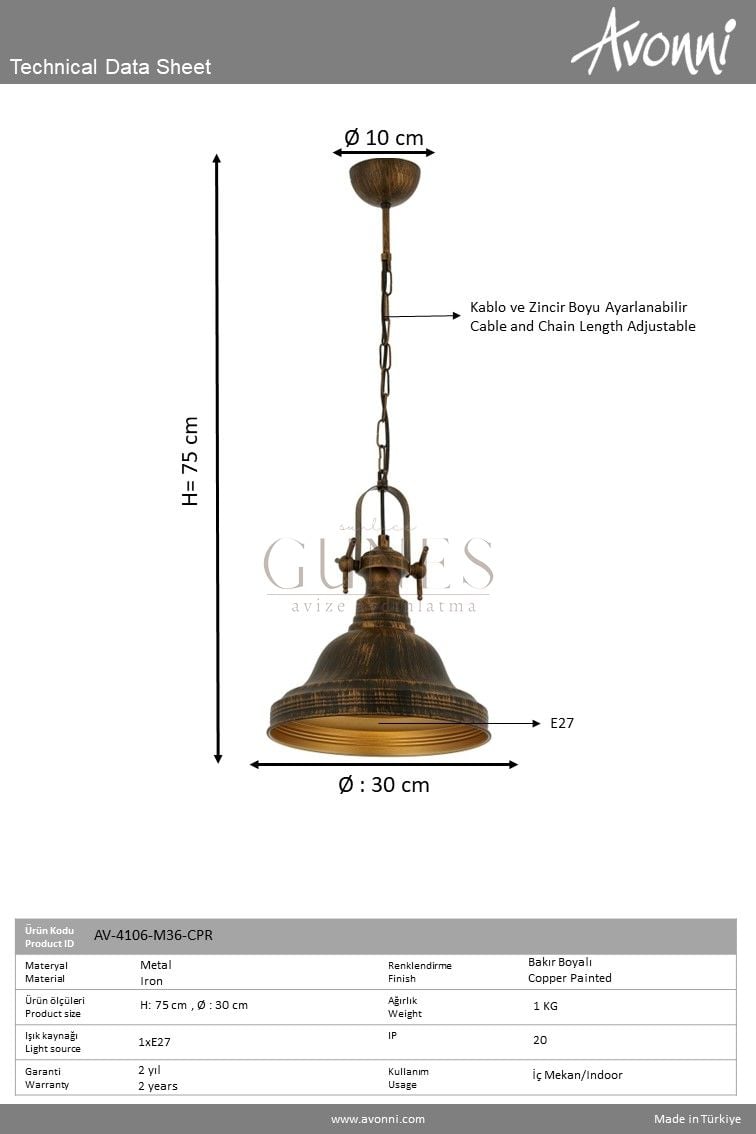 Siyah/Patina Boyalı Modern Avize AVONNI AV-4106-M36-CPR