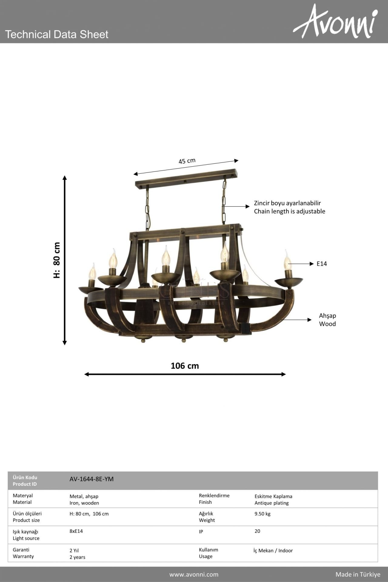 Eskitme Kaplama Modern Avize AVONNİ-AV-1644-8E-YM