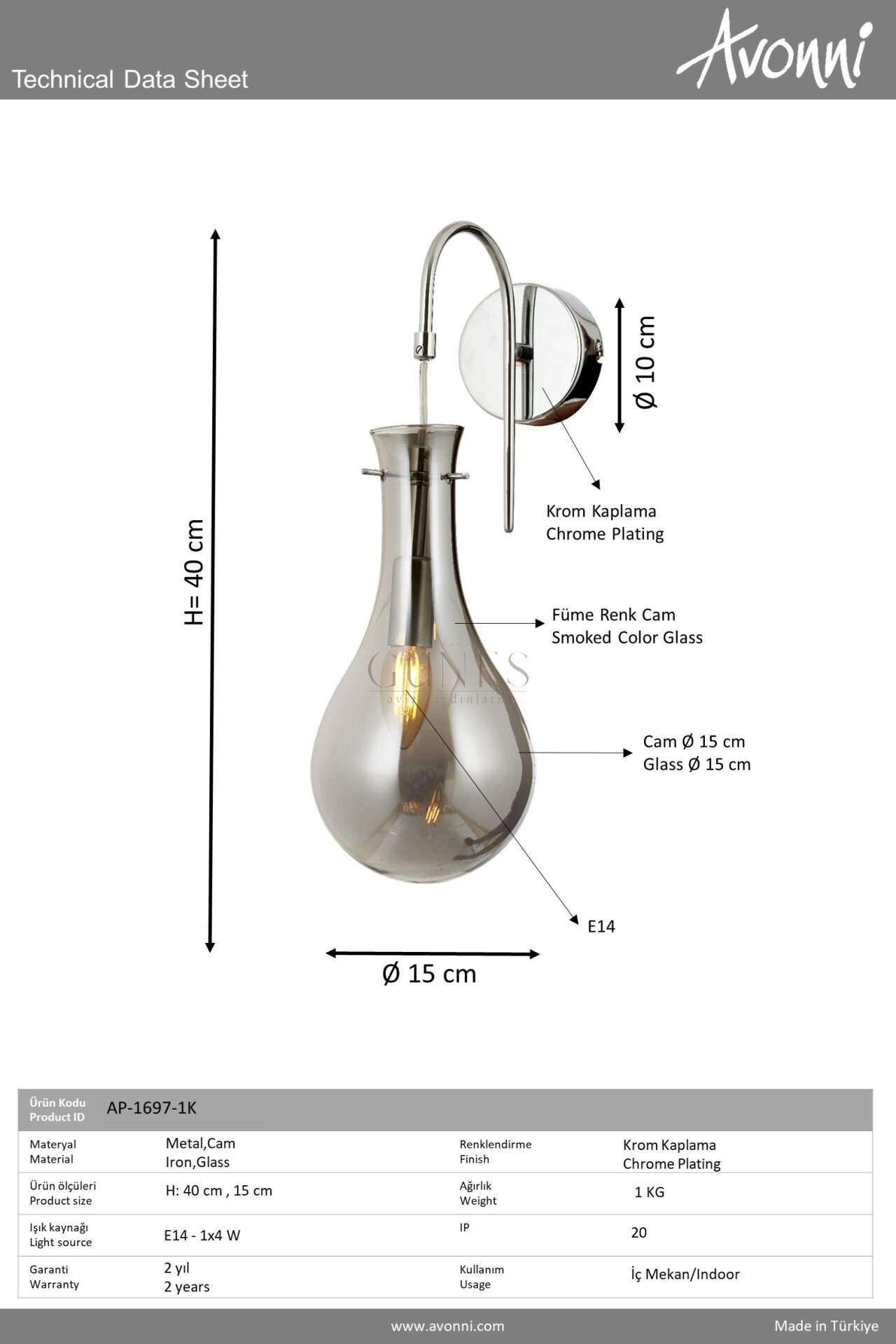 Krom Kaplama Aplik AVONNI AP-1697-1K