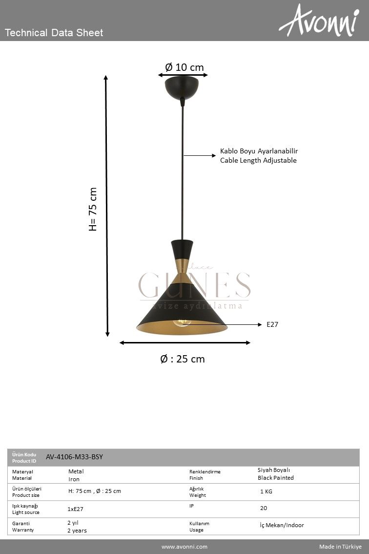 Siyah Boyalı Modern Avize AVONNI AV-4106-M33-BSY
