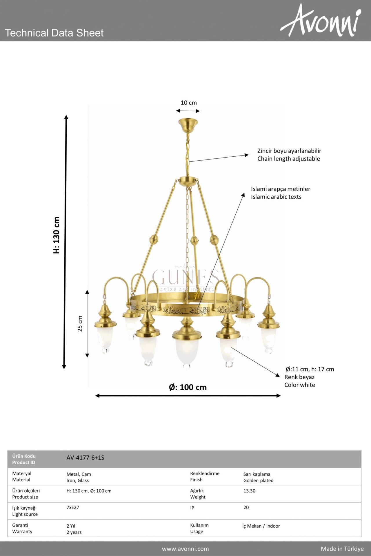 Sarı Kaplama Klasik Avize AVONNİ-AV-4177-6+1S