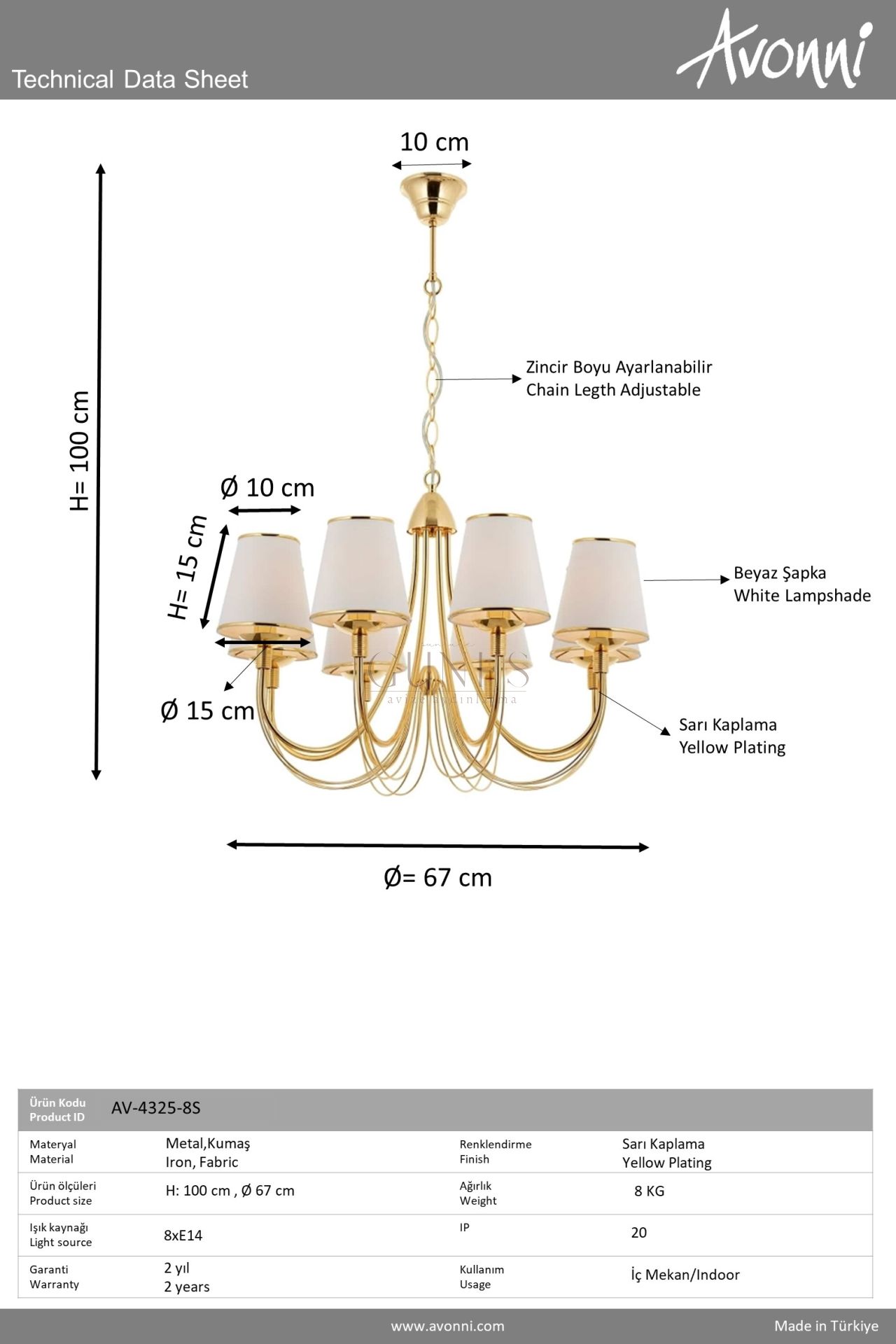 Sarı Kaplama Klasik Avize AVONNI AV-4325-8S