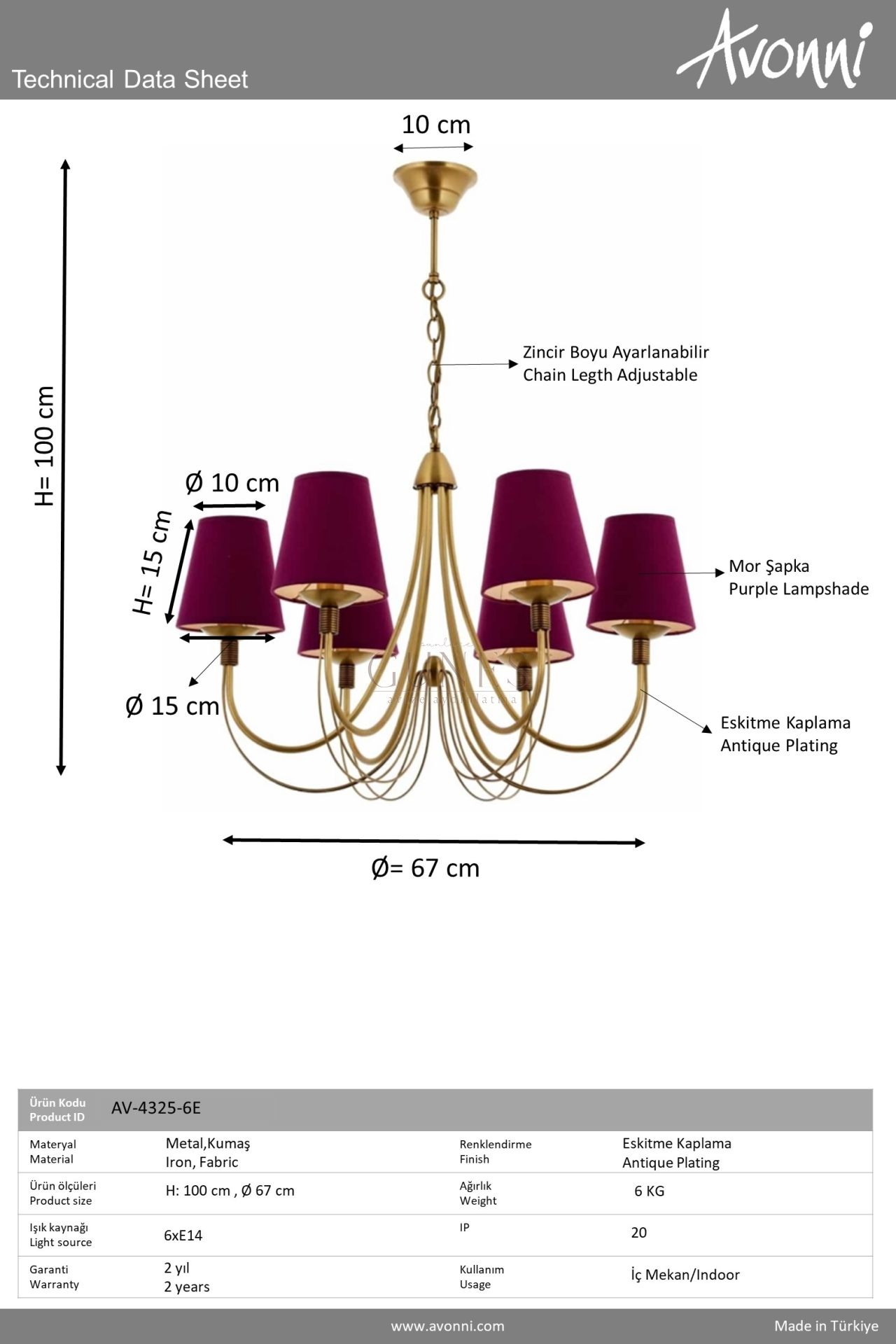 Eskitme Kaplama Klasik Avize AVONNI AV-4325-6E