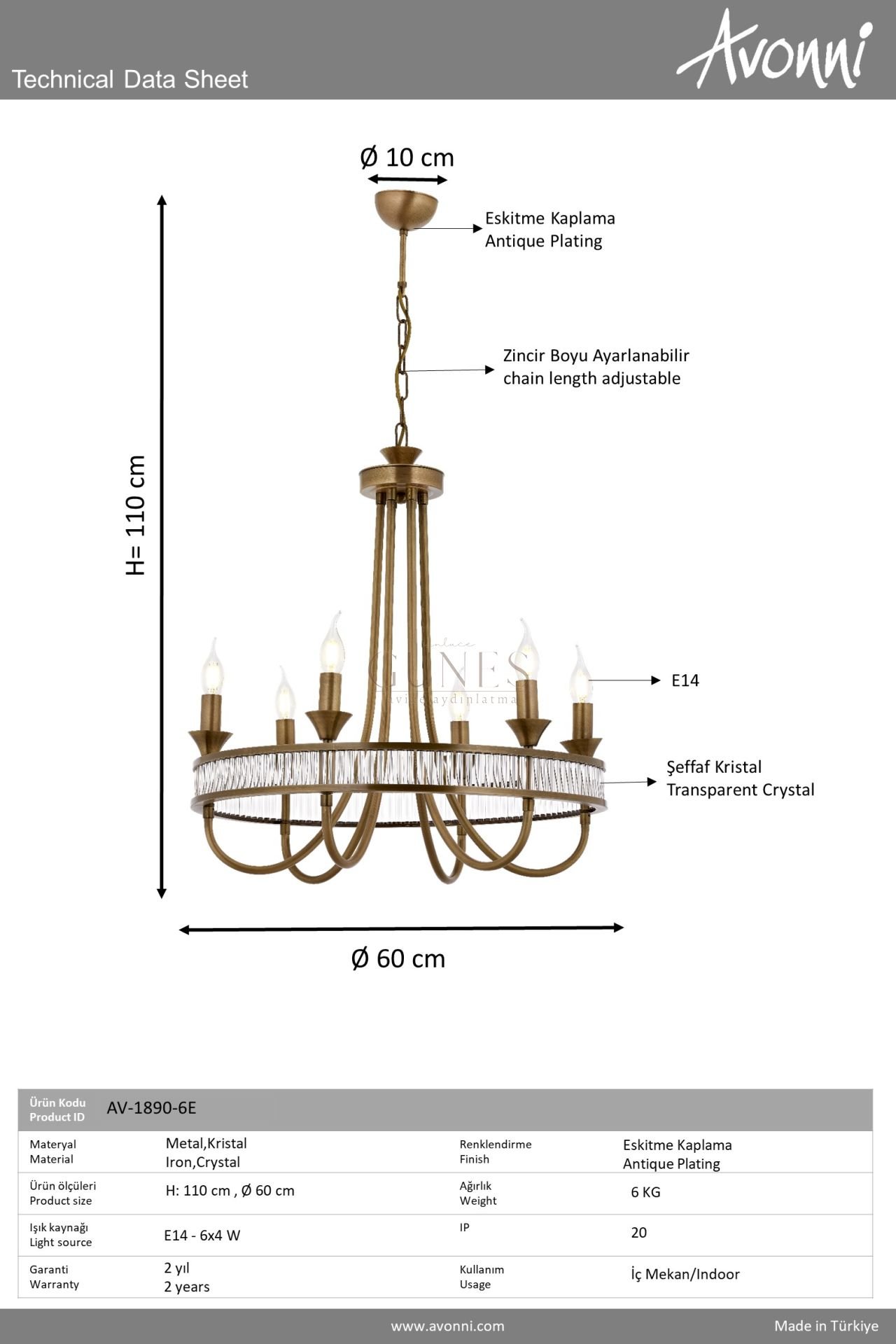 Eskitme Kaplama Klasik Avize AVONNI AV-1890-6E