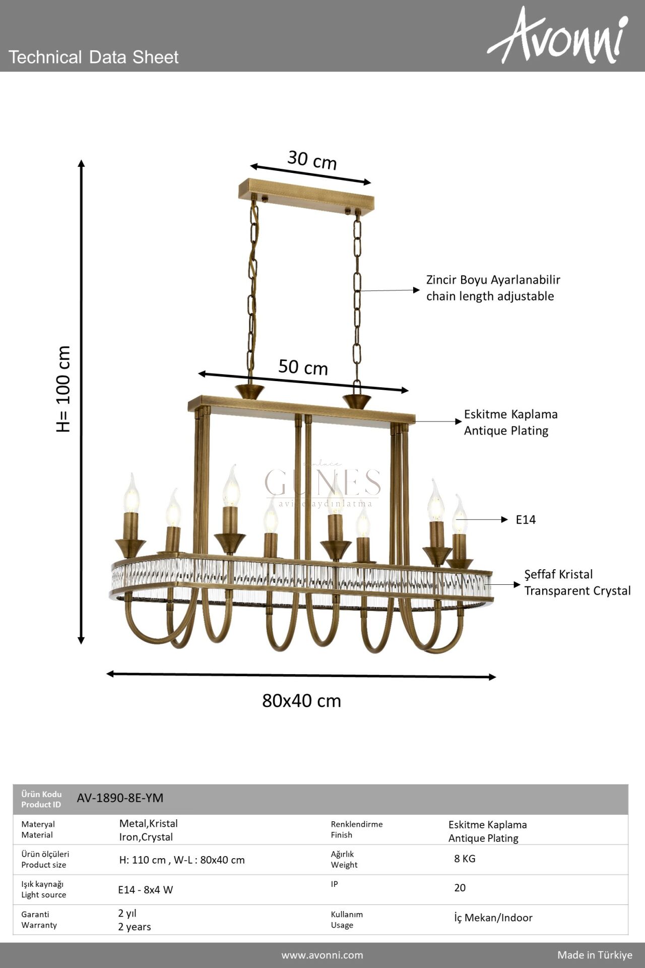Eskitme Kaplama Klasik Avize AVONNI AV-1890-8E-YM