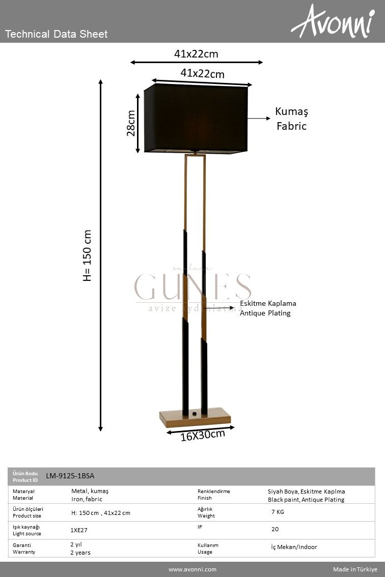 Siyah/Eskitme Boyalı Lambader AVONNI LM-9125-1BSA