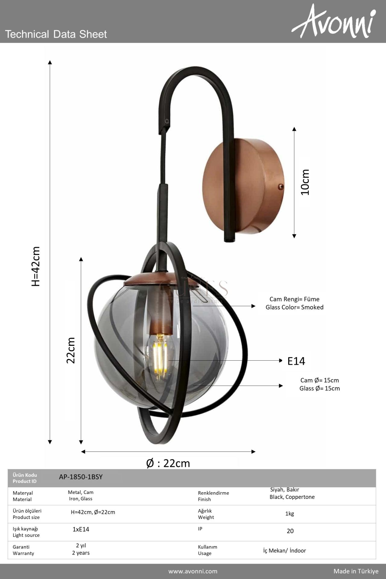 Siyah Boyalı Aplik AVONNI AP-1850-1BSY