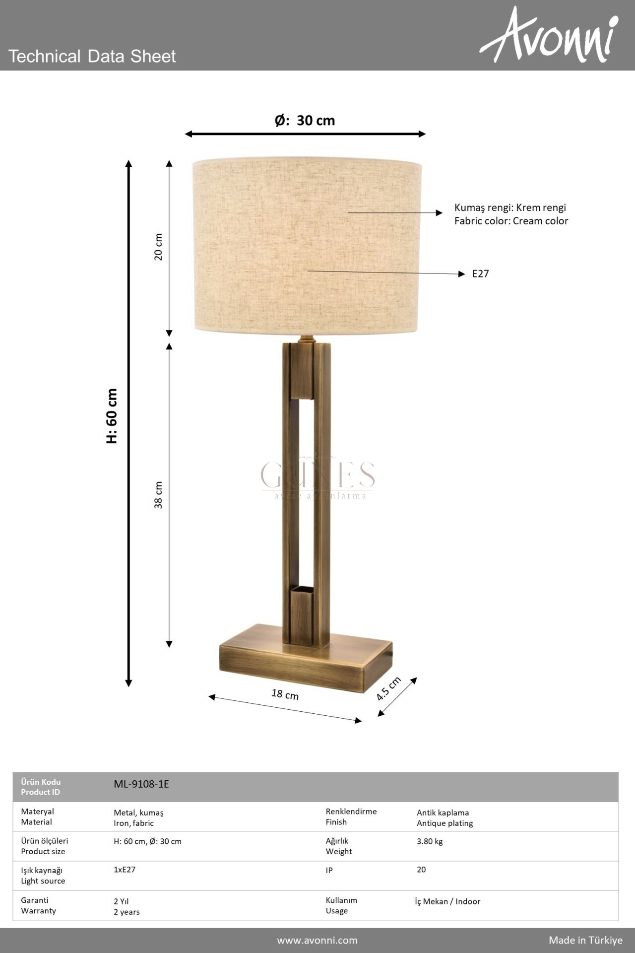 Eskitme Kaplama Masa Lambası AVONNİ-ML-9108-1E