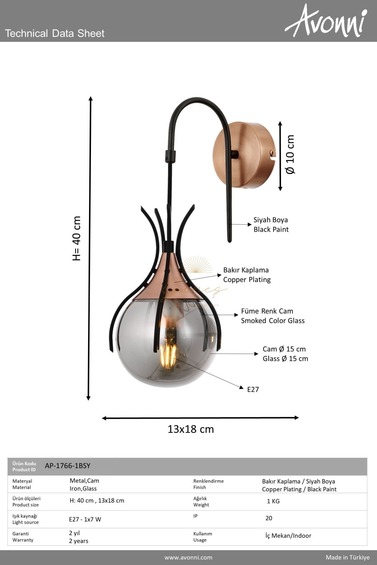 Siyah Kaplama Aplik AVONNI AP-1766-1BSY