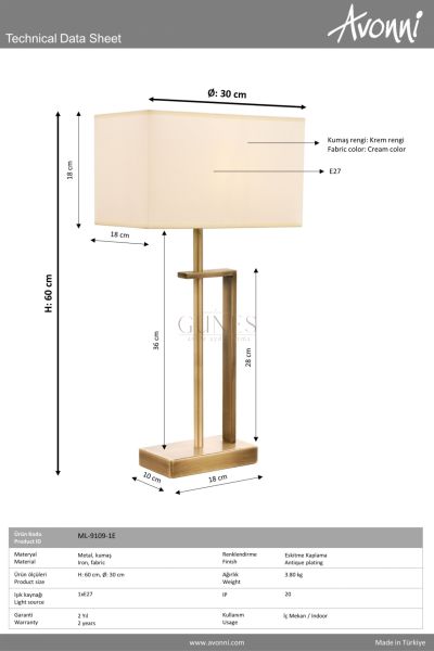 Eskitme Kaplama Masa Lambası AVONNİ-ML-9109-1E
