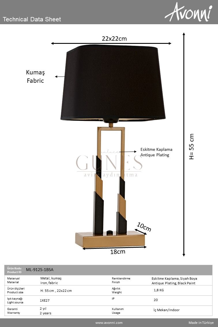 Eskltme Boyalı Masa Lambası AVONNI ML-9125-1BSA