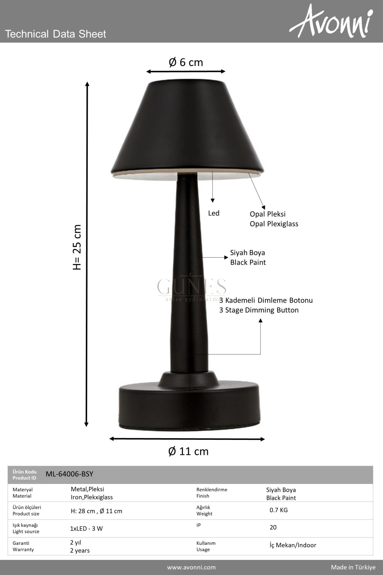Siyah Boyalı Masa Lambası AVONNI ML-64006-BSY