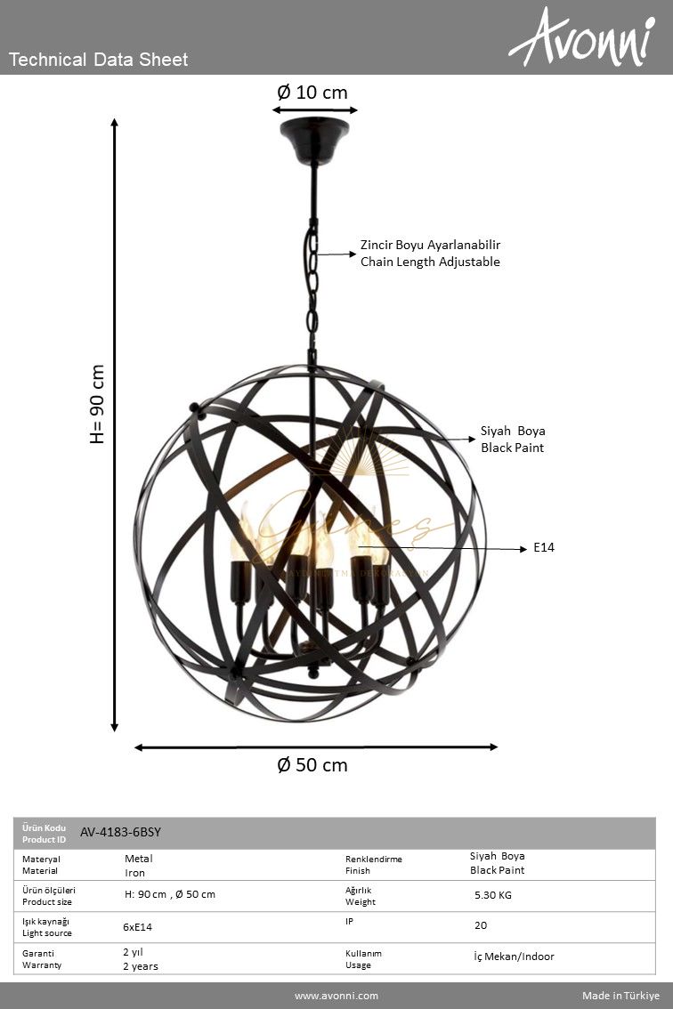 Siyah Boyalı Modern Avize AVONNİ-AV-4183-6BSY