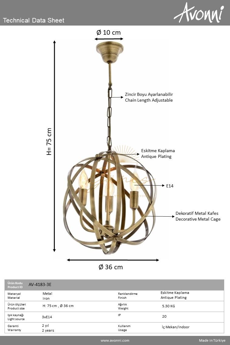 Eskitme Kaplama Modern Avize AVONNİ-AV-4183-3E